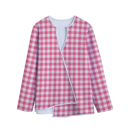 Pink Check Pattern Print Long Sleeve Short Coat