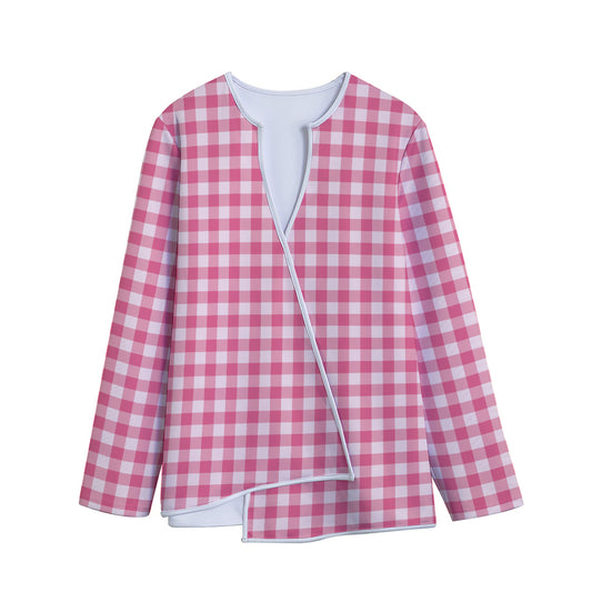 Pink Check Pattern Print Long Sleeve Short Coat