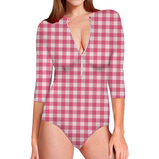 Pink Check Pattern Print Long Sleeve Swimsuit