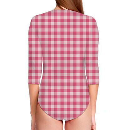 Pink Check Pattern Print Long Sleeve Swimsuit