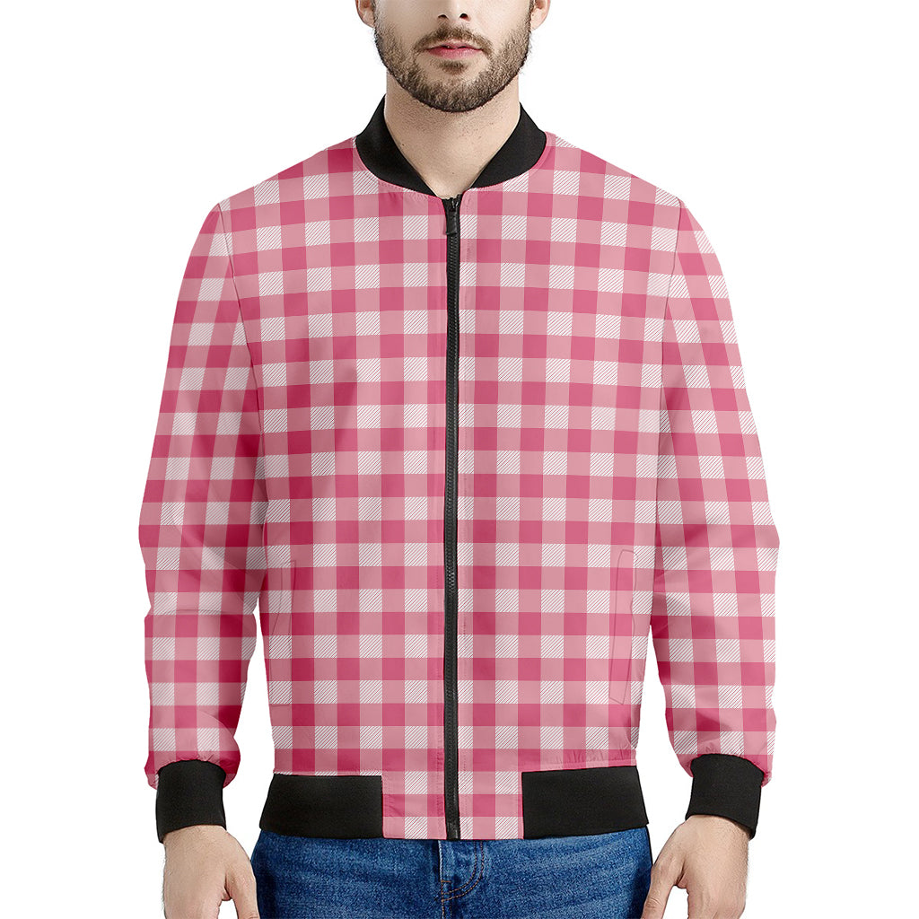 Pink Check Pattern Print Men's Bomber Jacket