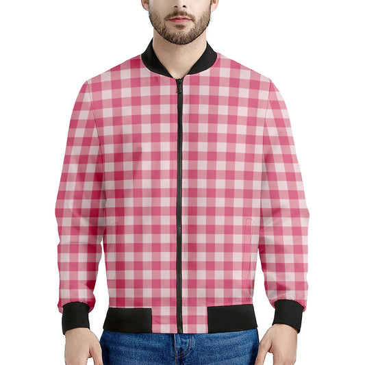 Pink Check Pattern Print Men's Bomber Jacket