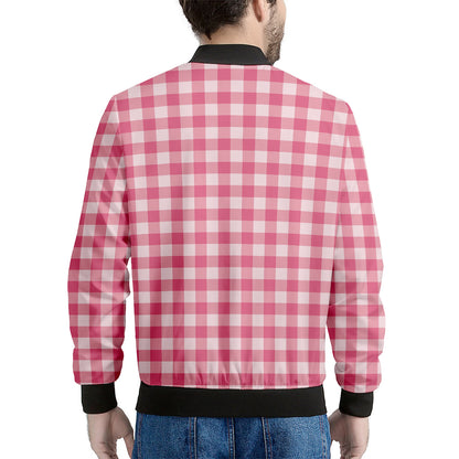 Pink Check Pattern Print Men's Bomber Jacket