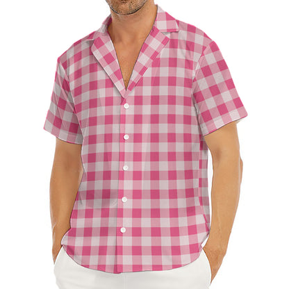 Pink Check Pattern Print Men's Deep V-Neck Shirt
