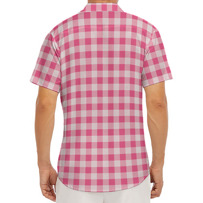 Pink Check Pattern Print Men's Deep V-Neck Shirt