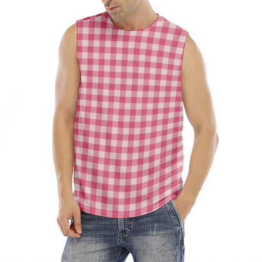 Pink Check Pattern Print Men's Fitness Tank Top