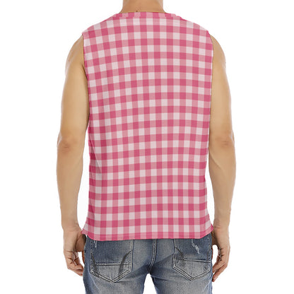 Pink Check Pattern Print Men's Fitness Tank Top