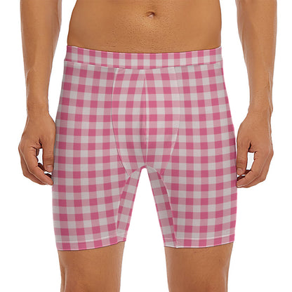 Pink Check Pattern Print Men's Long Boxer Briefs