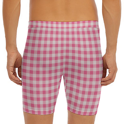 Pink Check Pattern Print Men's Long Boxer Briefs