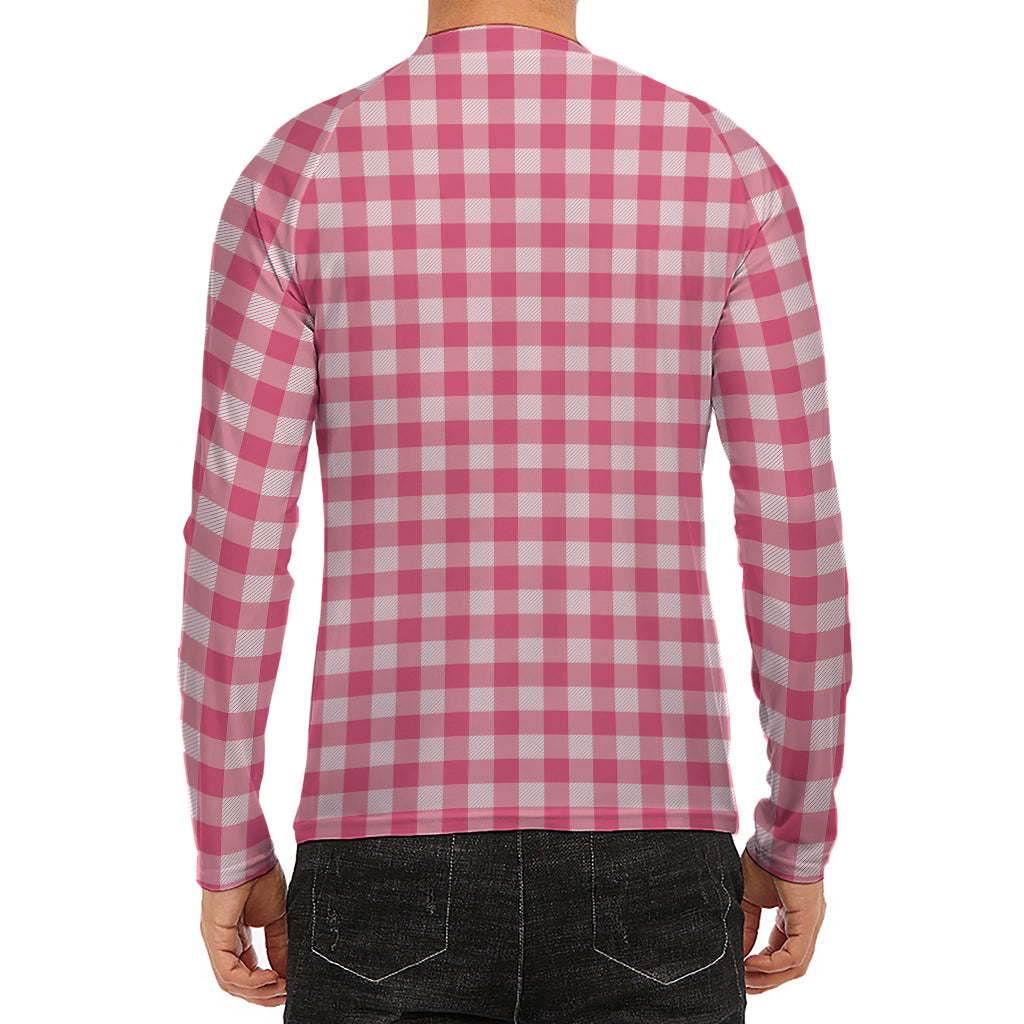 Pink Check Pattern Print Men's Long Sleeve Rash Guard