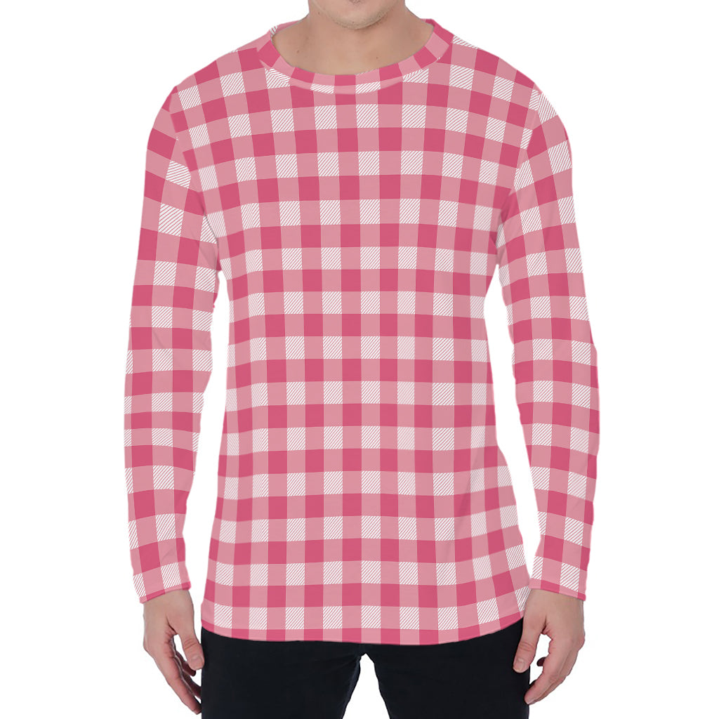 Pink Check Pattern Print Men's Long Sleeve T-Shirt