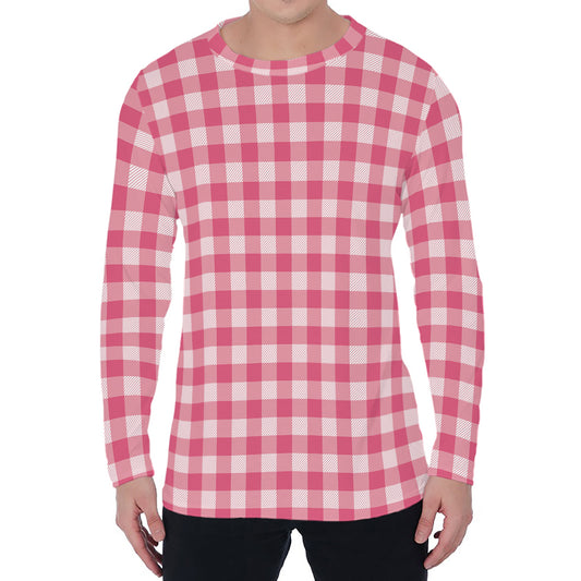 Pink Check Pattern Print Men's Long Sleeve T-Shirt