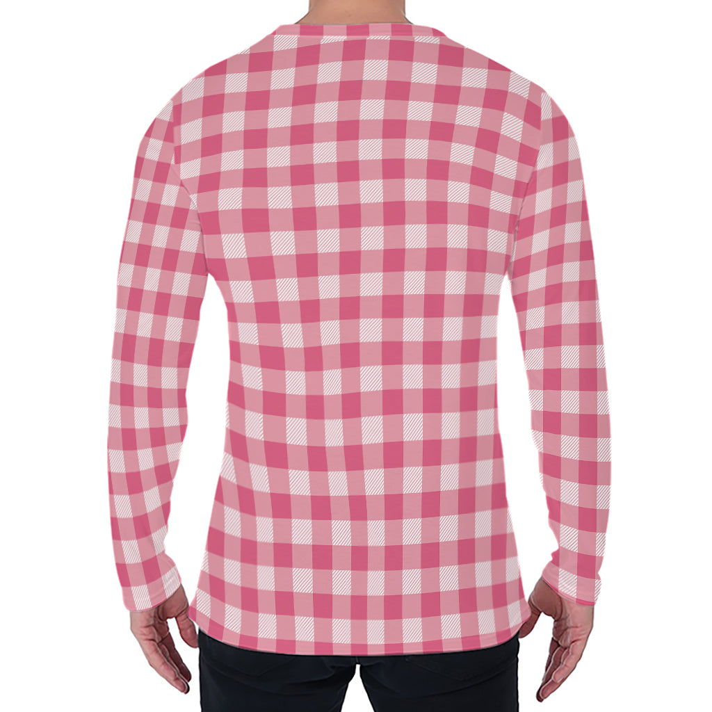 Pink Check Pattern Print Men's Long Sleeve T-Shirt