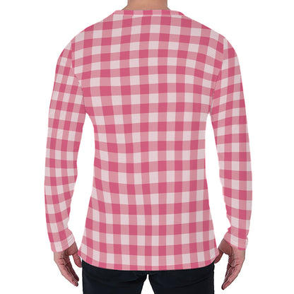 Pink Check Pattern Print Men's Long Sleeve T-Shirt