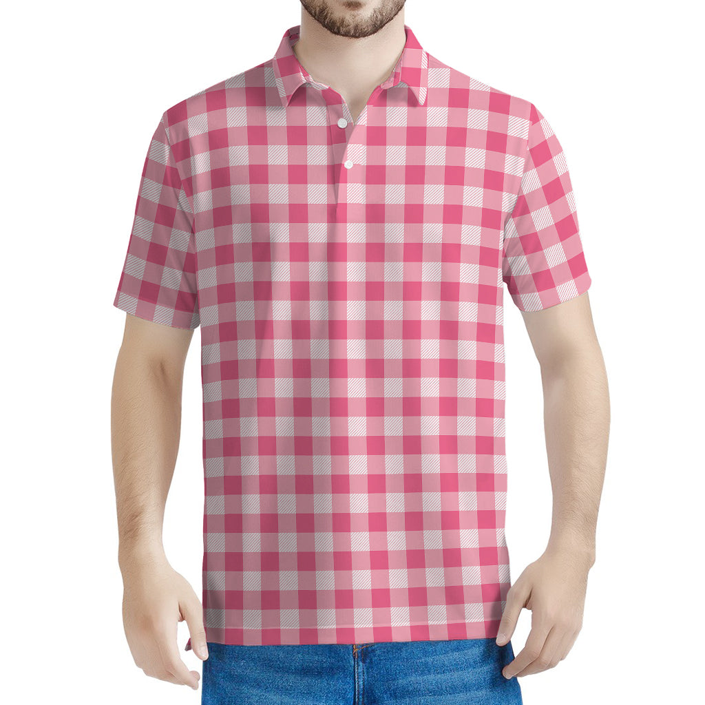 Pink Check Pattern Print Men's Polo Shirt