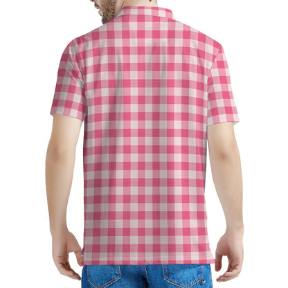 Pink Check Pattern Print Men's Polo Shirt