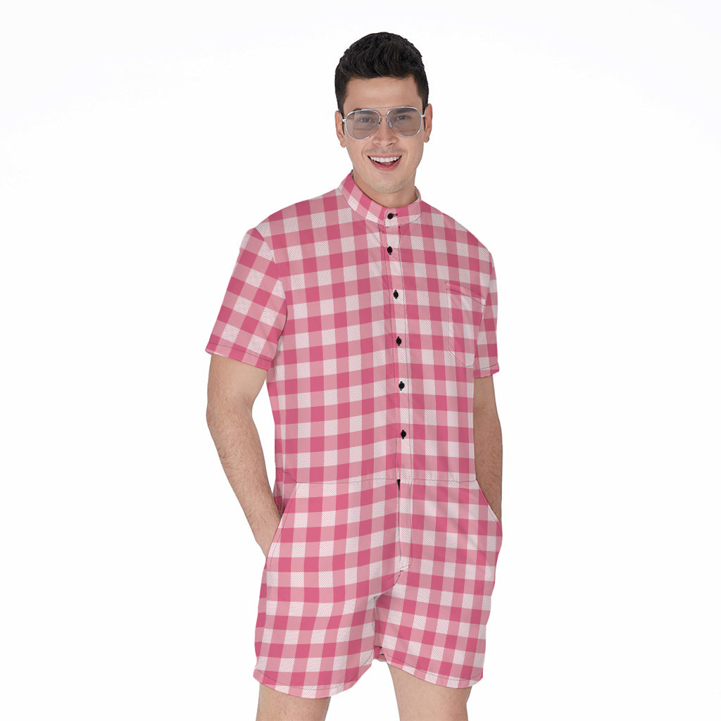Pink Check Pattern Print Men's Rompers