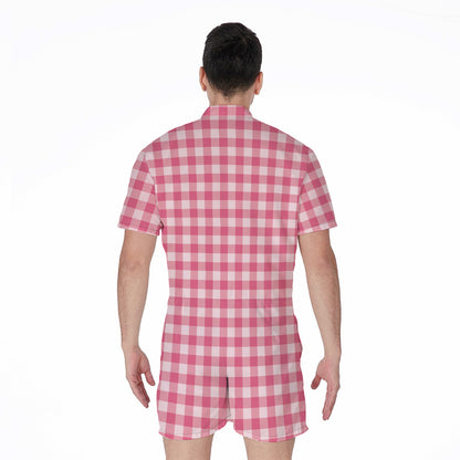Pink Check Pattern Print Men's Rompers