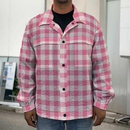 Pink Check Pattern Print Men's Shirt Jacket