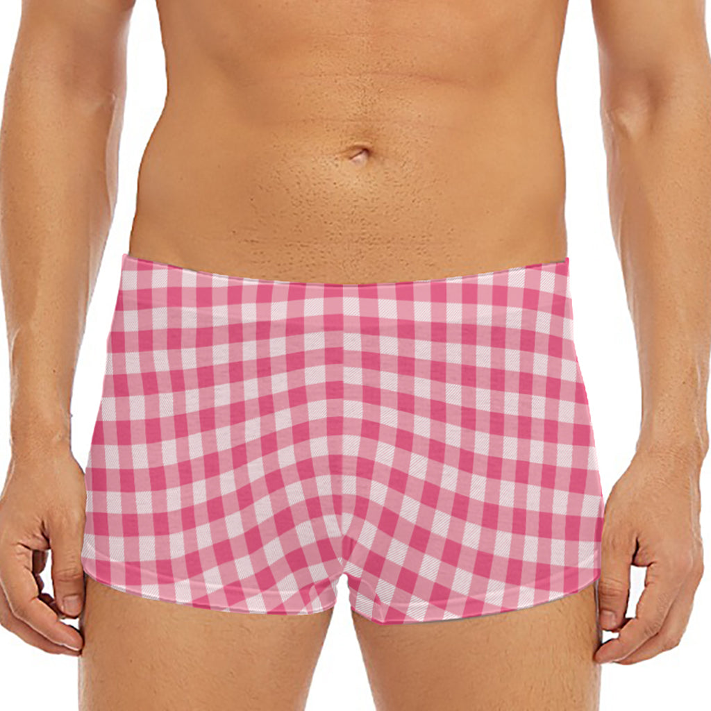 Pink Check Pattern Print Men's Short Boxer Briefs