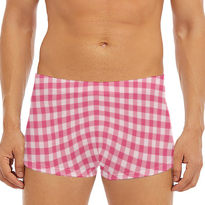 Pink Check Pattern Print Men's Short Boxer Briefs