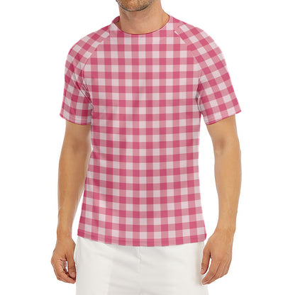 Pink Check Pattern Print Men's Short Sleeve Rash Guard