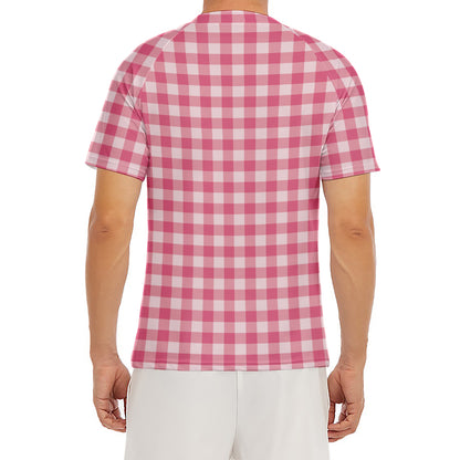 Pink Check Pattern Print Men's Short Sleeve Rash Guard