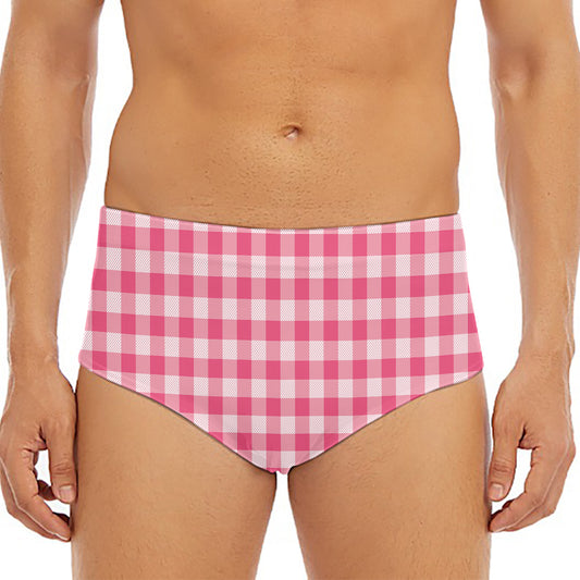 Pink Check Pattern Print Men's Triangle Swim Briefs