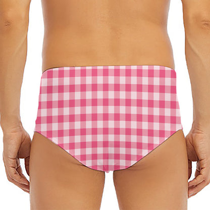 Pink Check Pattern Print Men's Triangle Swim Briefs