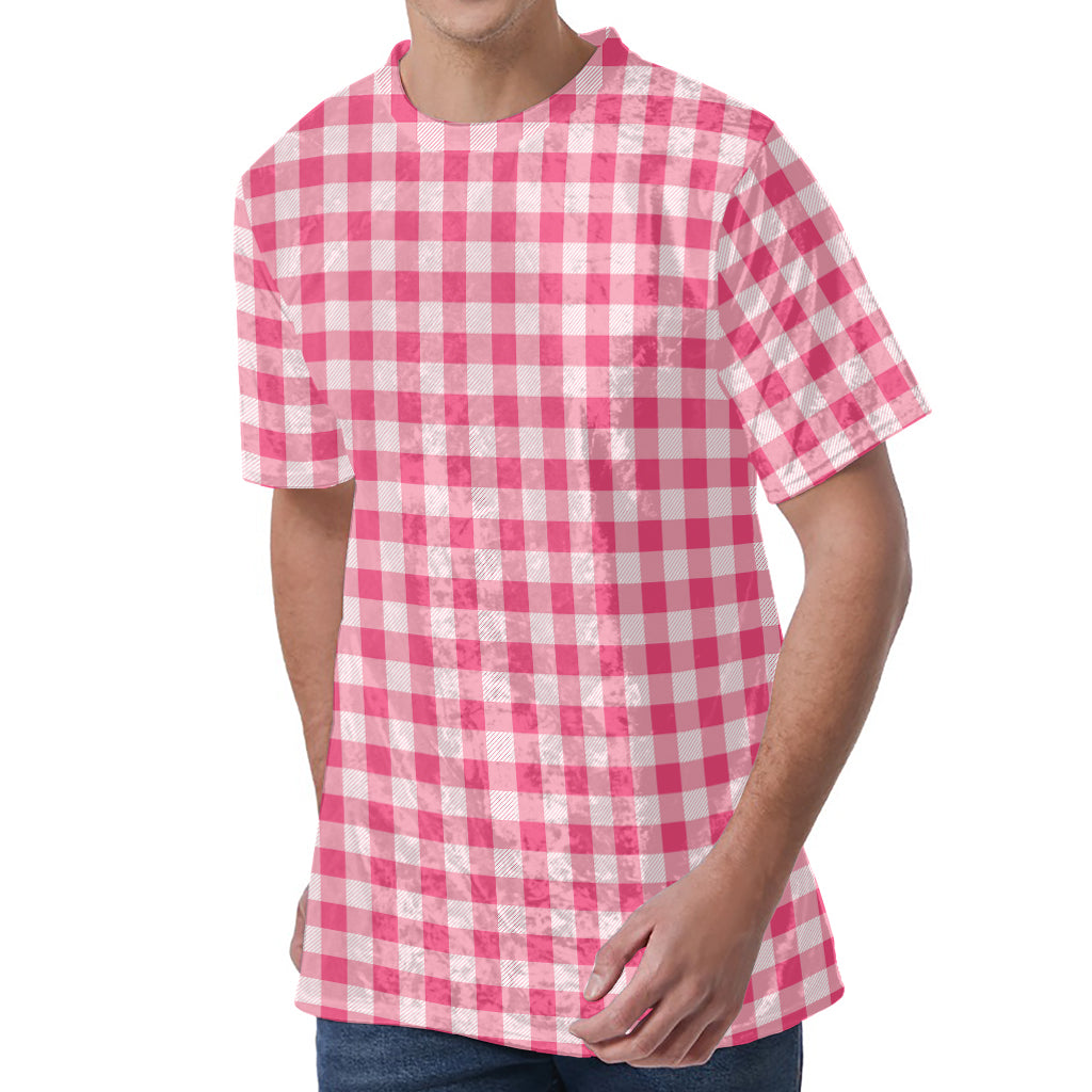 Pink Check Pattern Print Men's Velvet T-Shirt