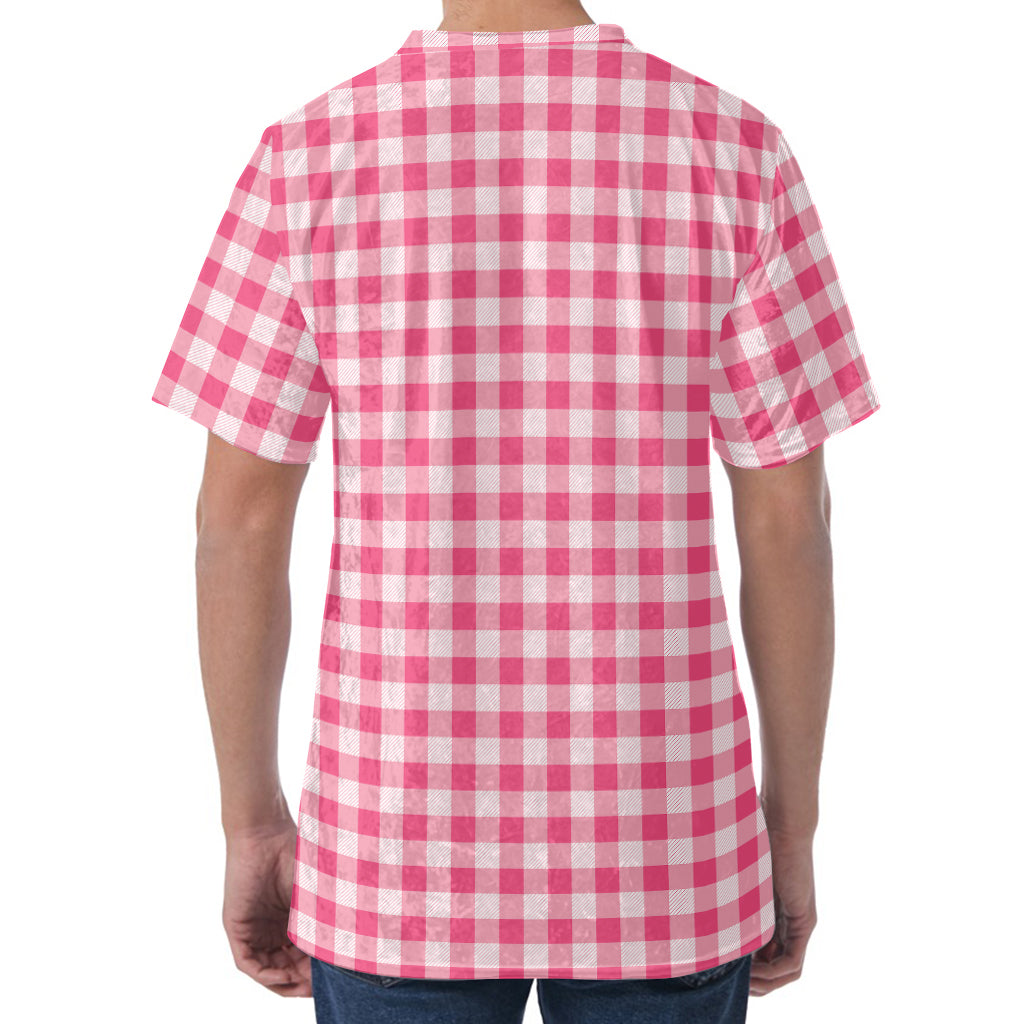 Pink Check Pattern Print Men's Velvet T-Shirt