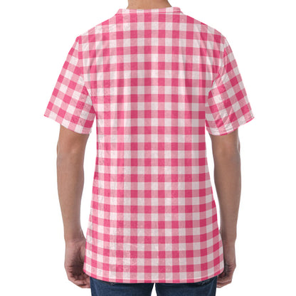 Pink Check Pattern Print Men's Velvet T-Shirt