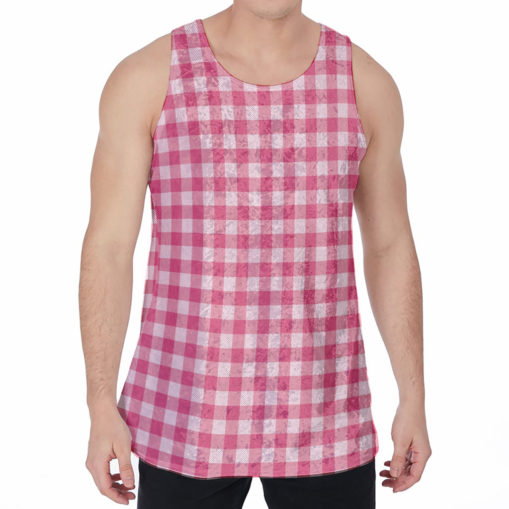 Pink Check Pattern Print Men's Velvet Tank Top