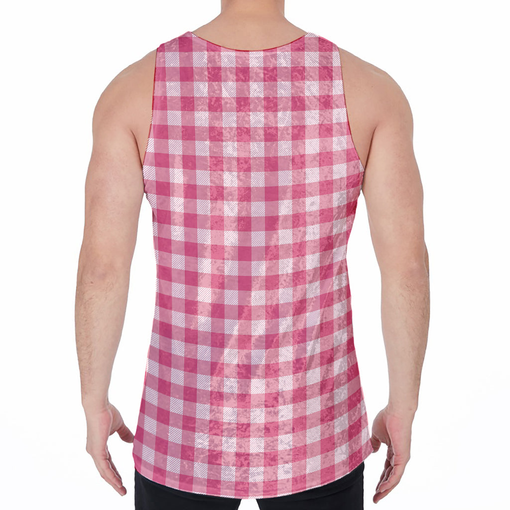 Pink Check Pattern Print Men's Velvet Tank Top