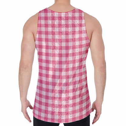 Pink Check Pattern Print Men's Velvet Tank Top