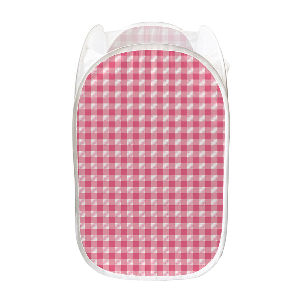 Pink Check Pattern Print Mesh Laundry Hamper