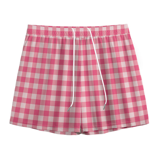 Pink Check Pattern Print Mesh Shorts