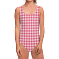 Pink Check Pattern Print One Piece Swimsuit