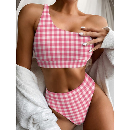 Pink Check Pattern Print One Shoulder Bikini Top