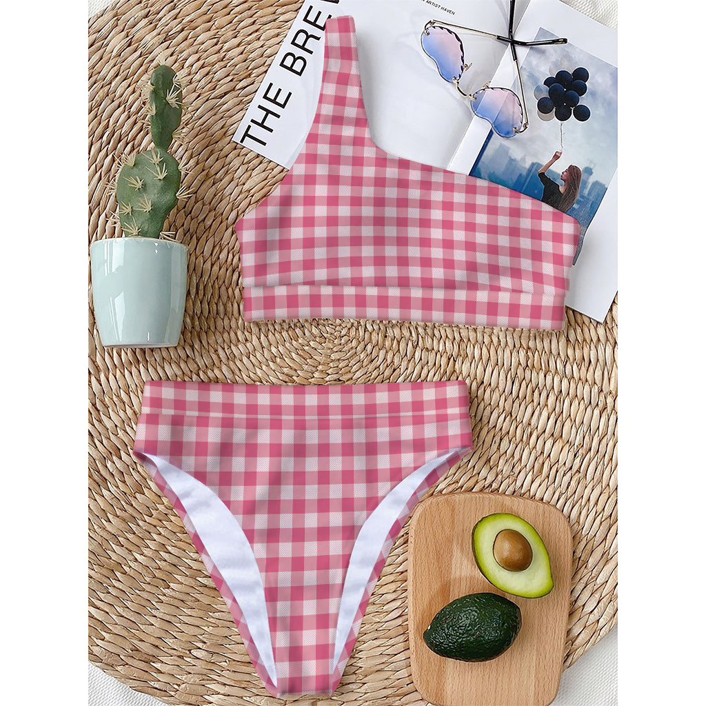 Pink Check Pattern Print One Shoulder Bikini Top