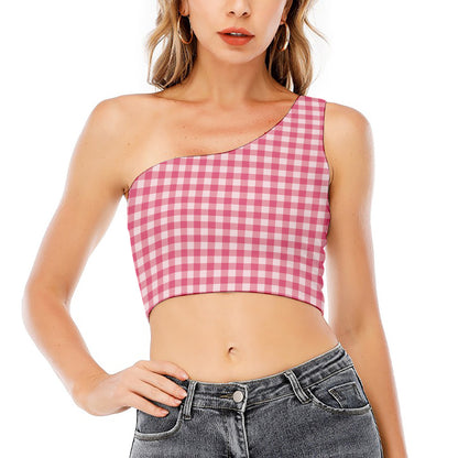 Pink Check Pattern Print One Shoulder Crop Top
