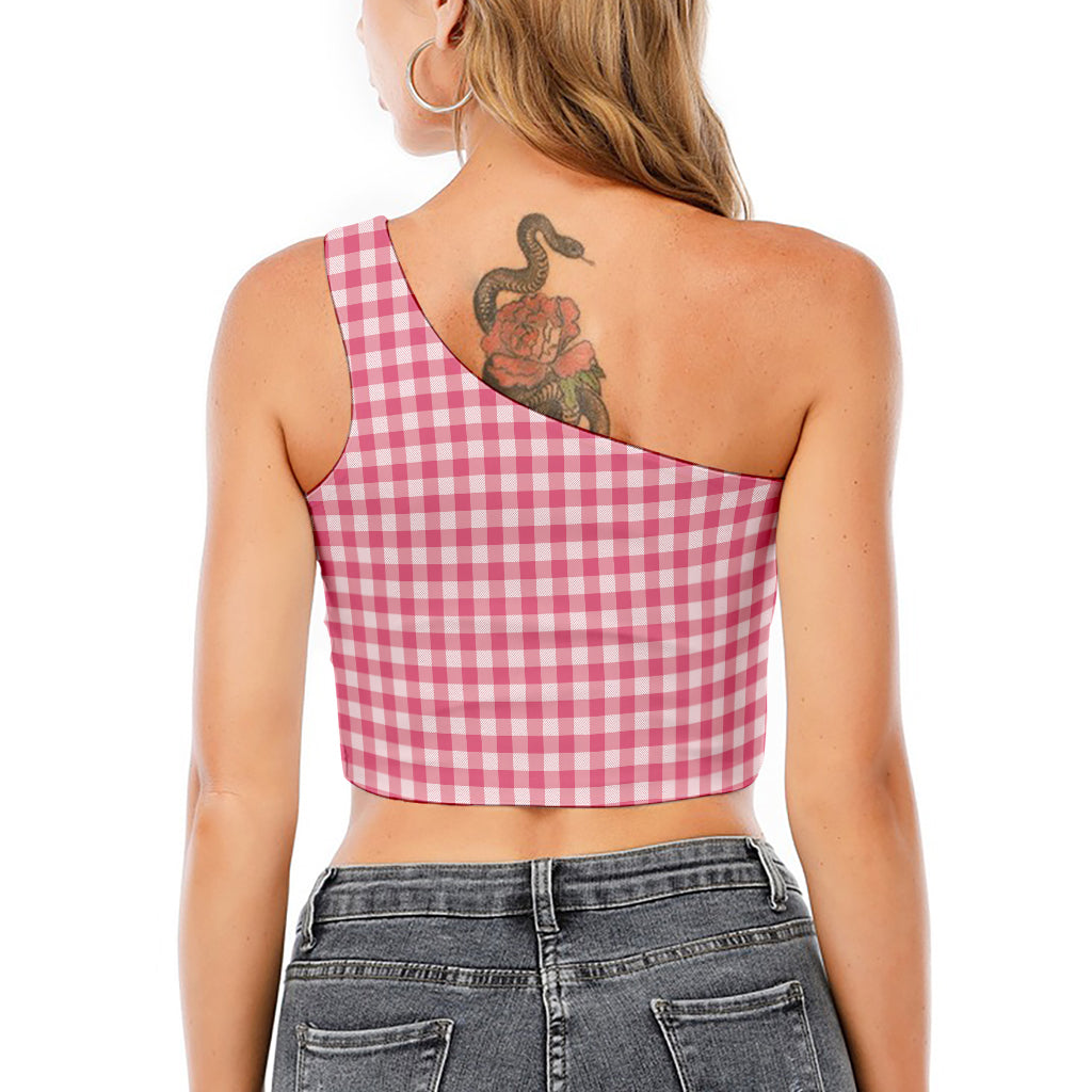 Pink Check Pattern Print One Shoulder Crop Top