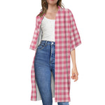 Pink Check Pattern Print Open Front Beach Cover Up