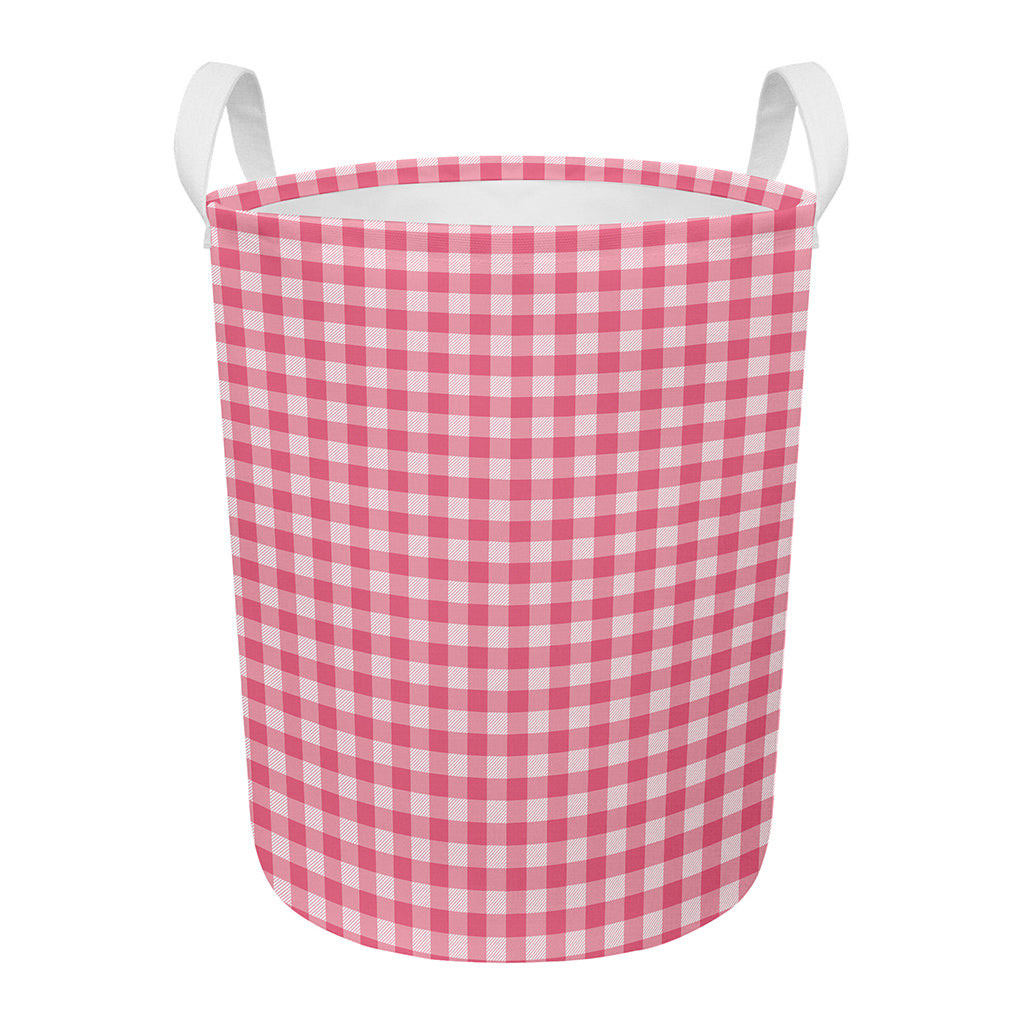 Pink Check Pattern Print Round Laundry Basket