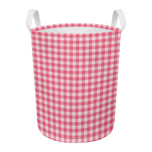 Pink Check Pattern Print Round Laundry Basket