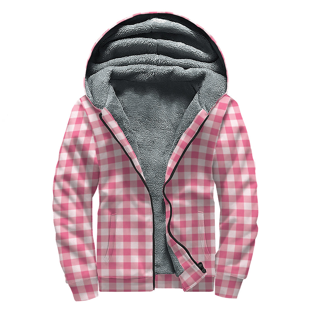 Pink Check Pattern Print Sherpa Lined Zip Up Hoodie