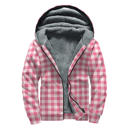 Pink Check Pattern Print Sherpa Lined Zip Up Hoodie