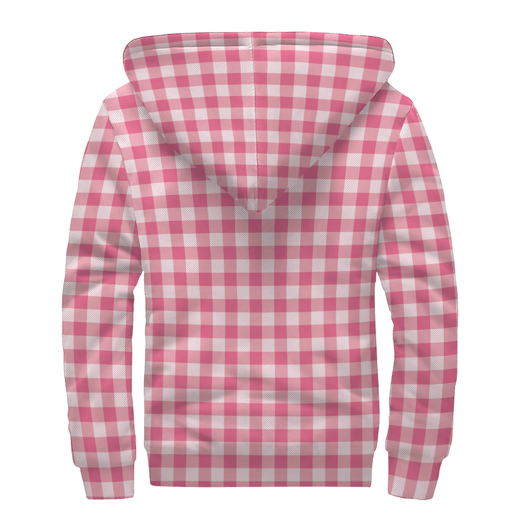 Pink Check Pattern Print Sherpa Lined Zip Up Hoodie