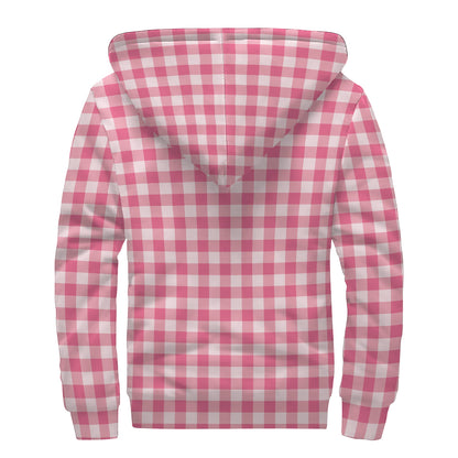 Pink Check Pattern Print Sherpa Lined Zip Up Hoodie