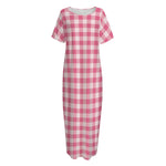 Pink Check Pattern Print Short Sleeve Long Nightdress